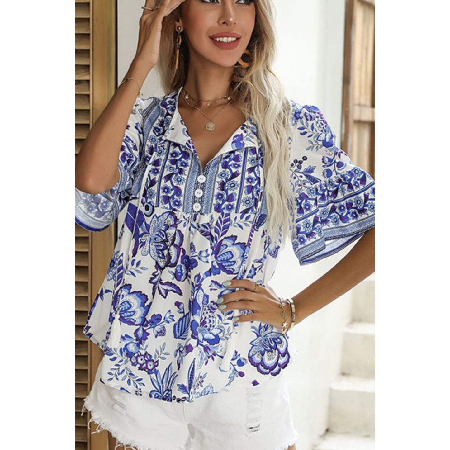 Printed Buttoned Flounce Sleeve Blouse