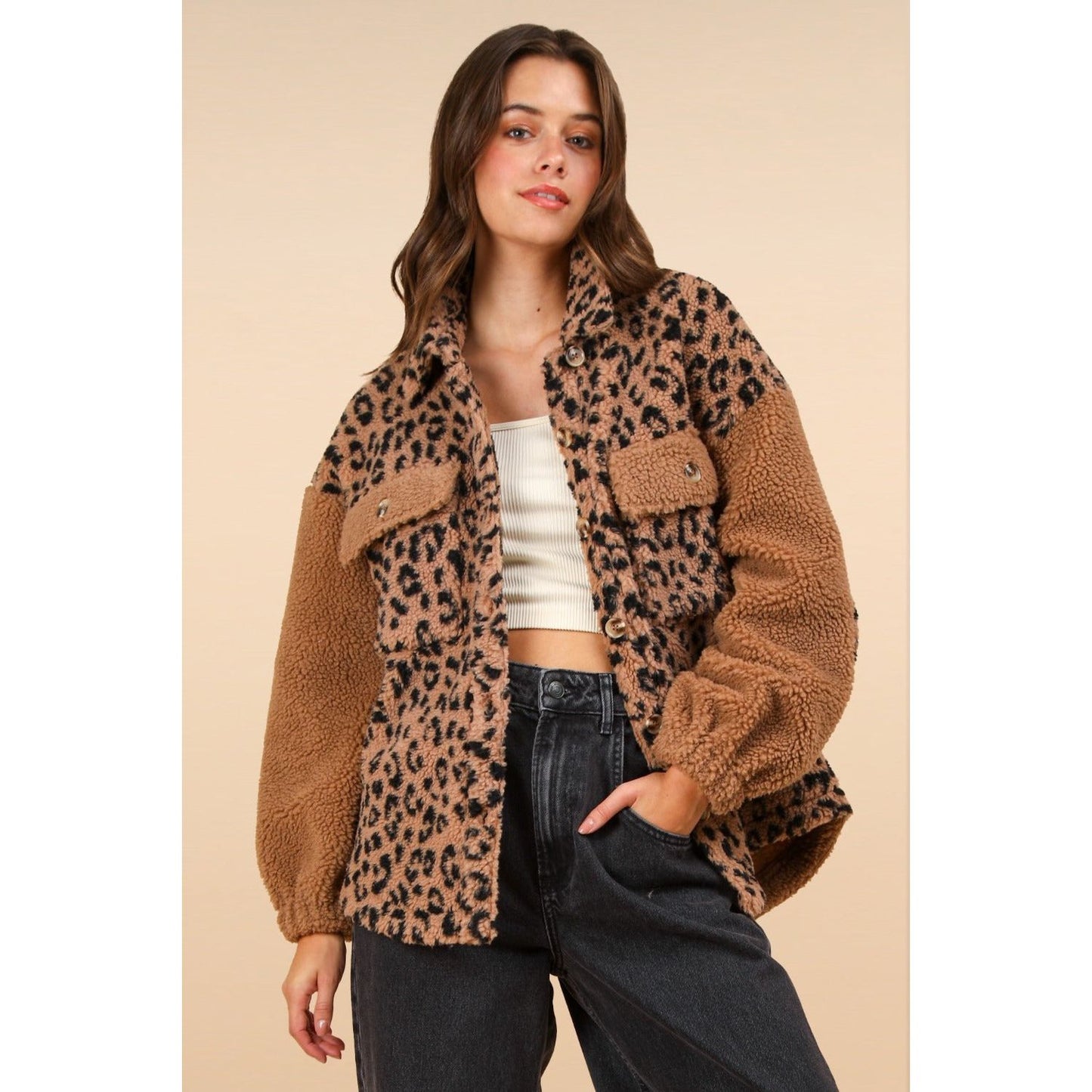 VERY J Fuzzy Leopard Button Down Long Sleeve Jacket