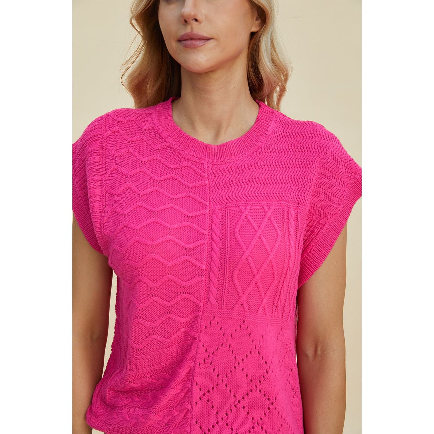 Double Take Full Size Cable-Knit Round Neck Cap Sleeve Sweater