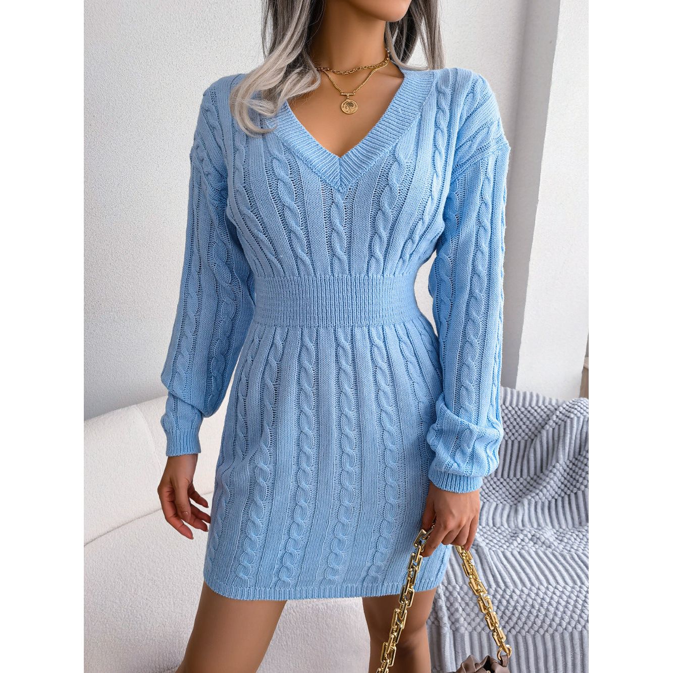 Cable-Knit V-Neck Mini Sweater Dress