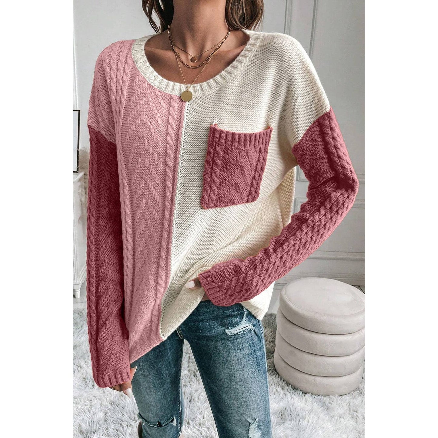 Color Block Round Neck Long Sleeve Sweater