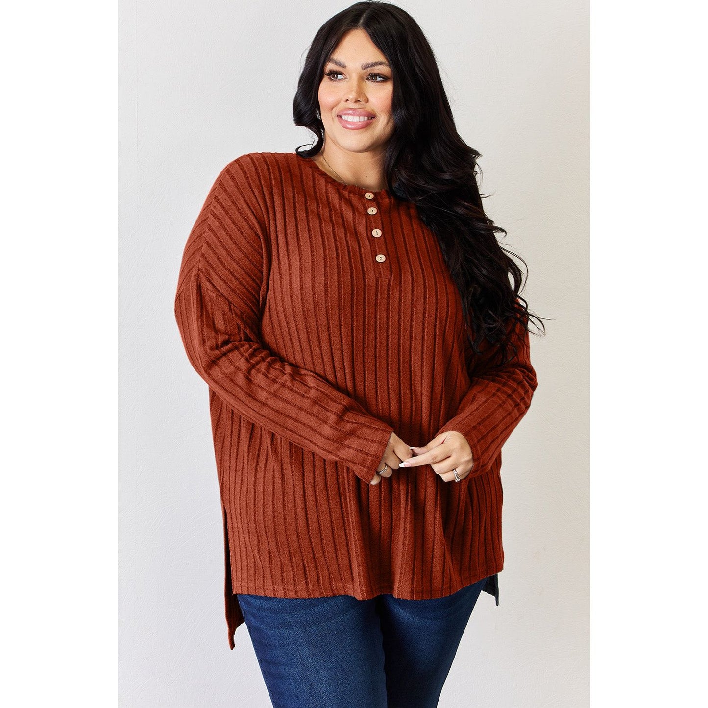 Basic Bae Full Size Ribbed Half Button Long Sleeve High-Low T-Shirt