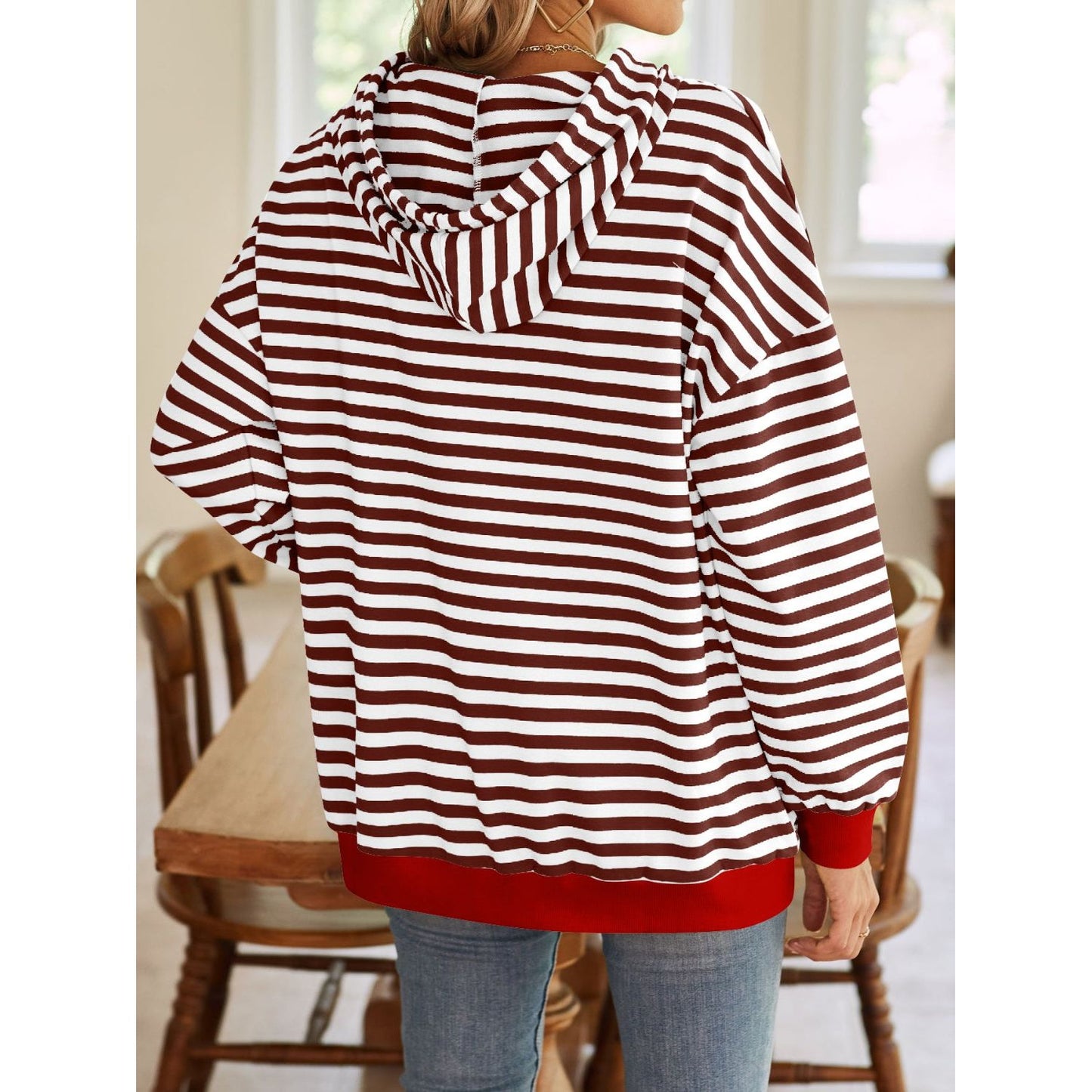 Lovelet Drawstring Striped Long Sleeve Hoodie