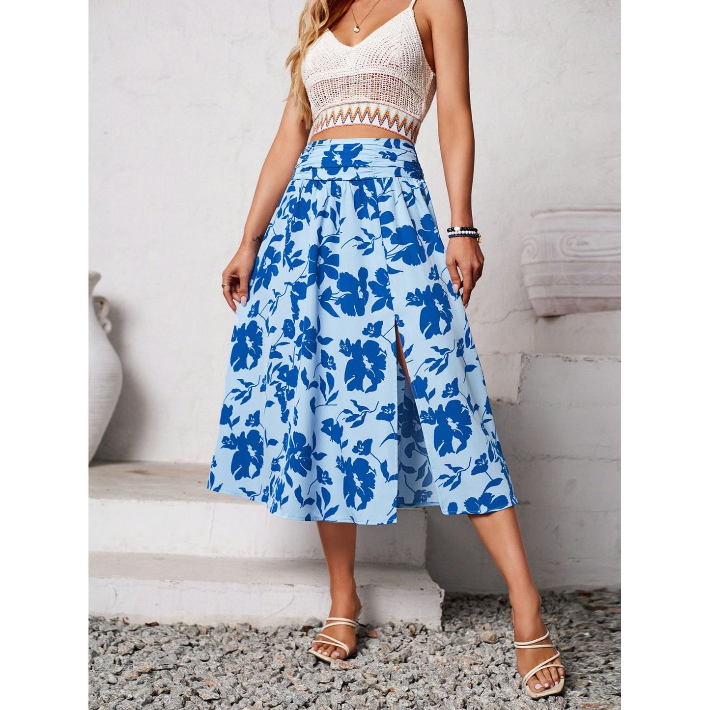 Slit Printed Midi Skirt