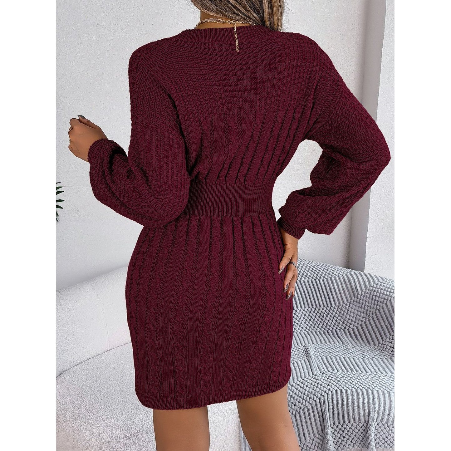 Cable-Knit Cutout Round Neck Slit Sweater Dress