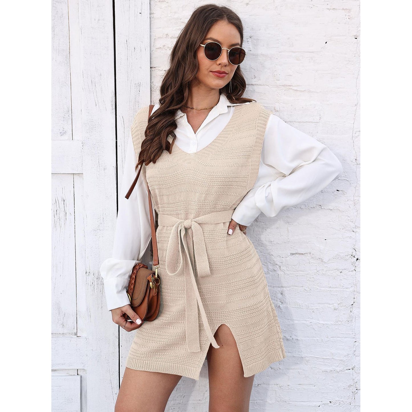 Tie Front V-Neck Sleeveless Slit Sweater Dress