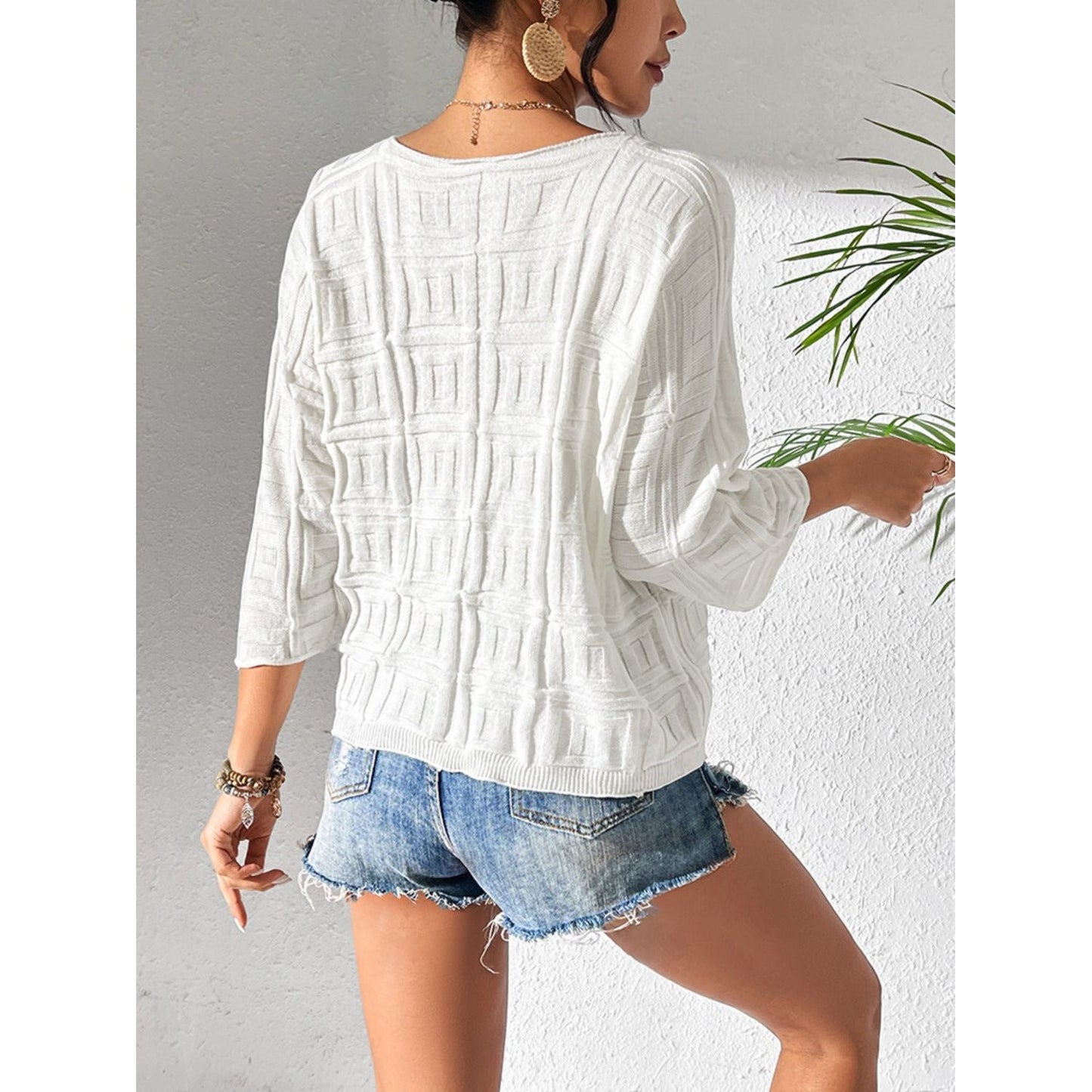 V-Neck Three-Quarter Sleeve Knit Top