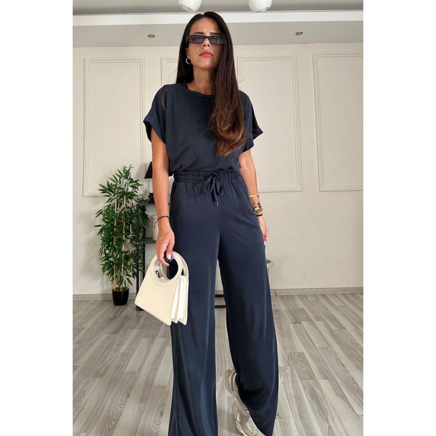 Round Neck Short Sleeve Top and Drawstring Pants Set