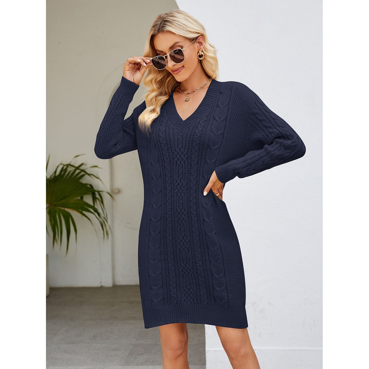 Cable-Knit V-Neck Mini Sweater Dress