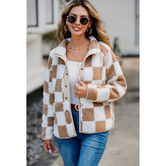 Checkered Snap Down Long Sleeve Teddy Jacket