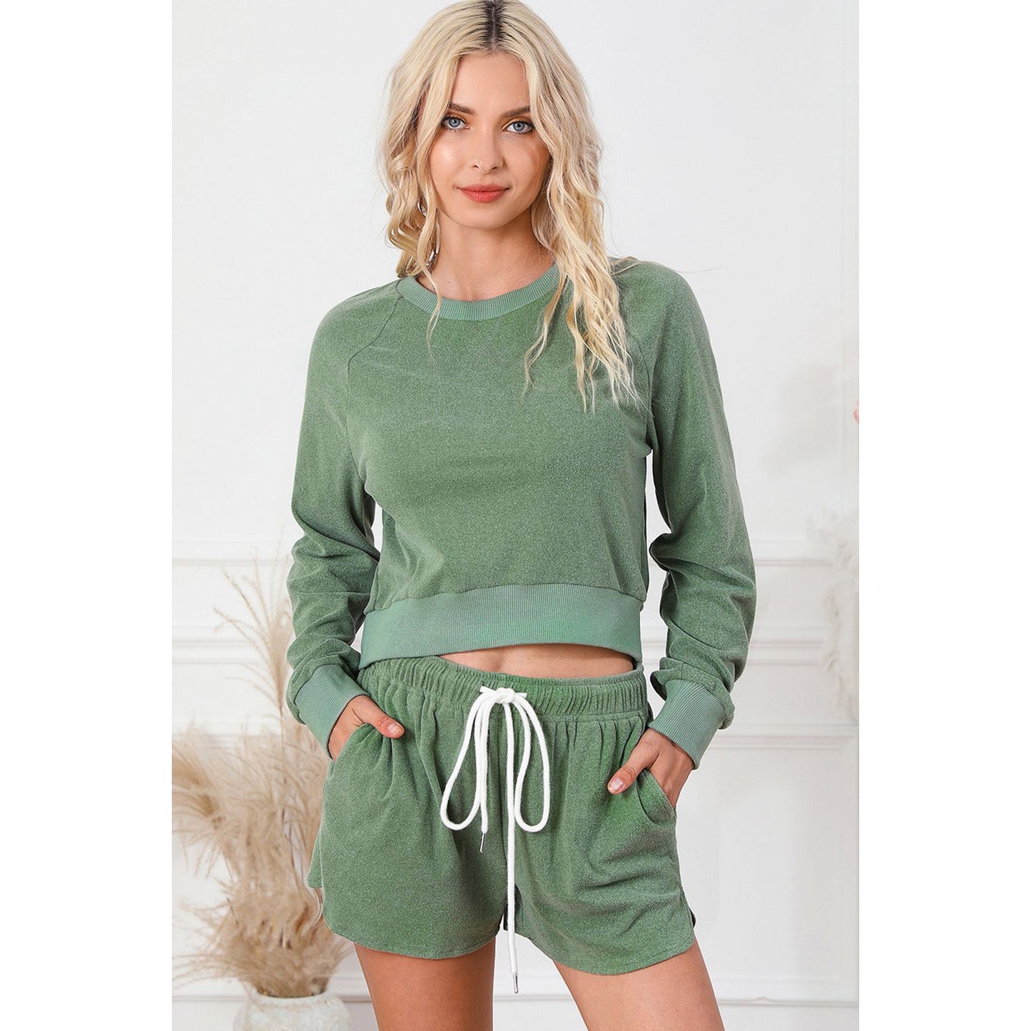 Round Neck Long Sleeve Top and Drawstring Shorts Lounge Set