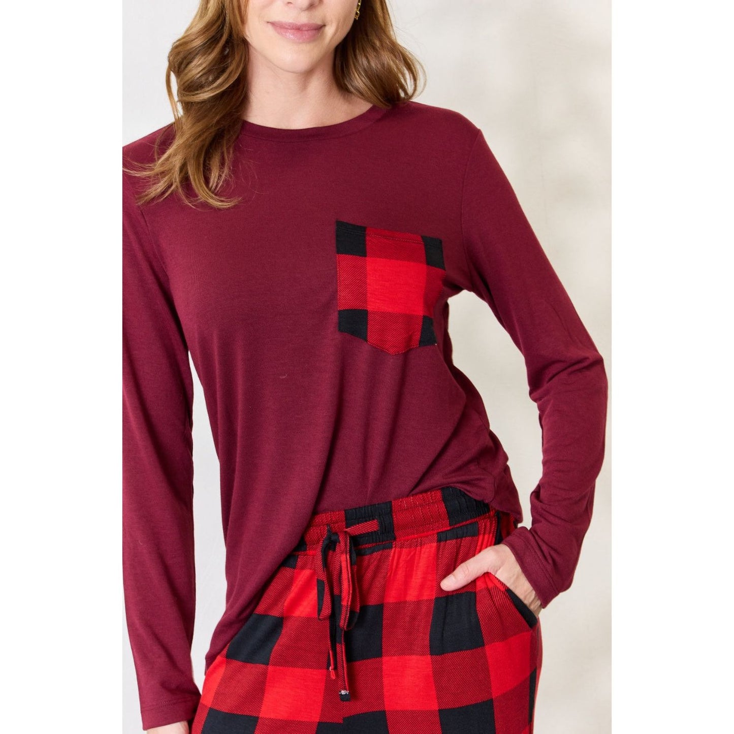 Zenana Full Size Plaid Round Neck Top and Pants Pajama Set