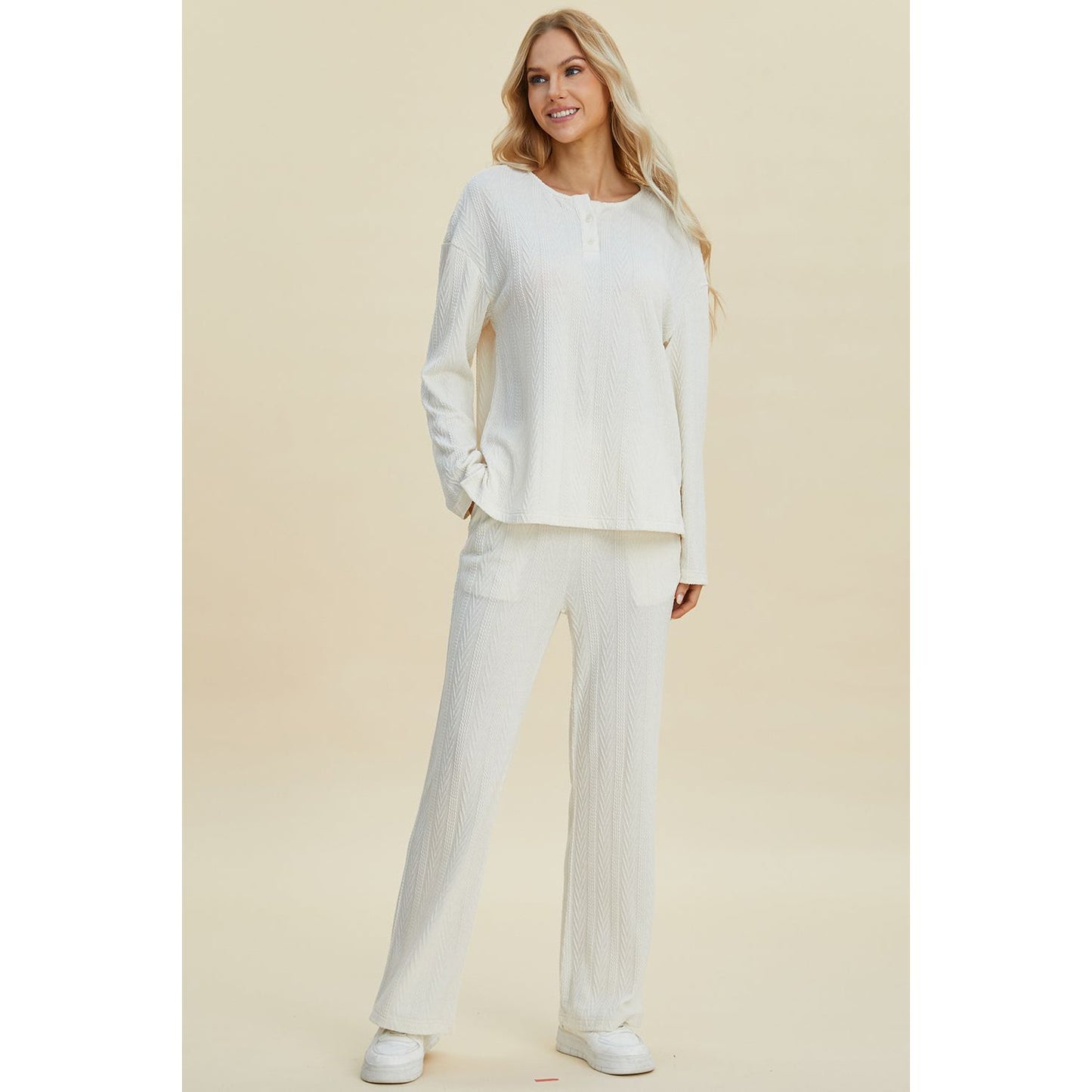 Double Take Full Size Cable-Knit Long Sleeve Top and Pants Set