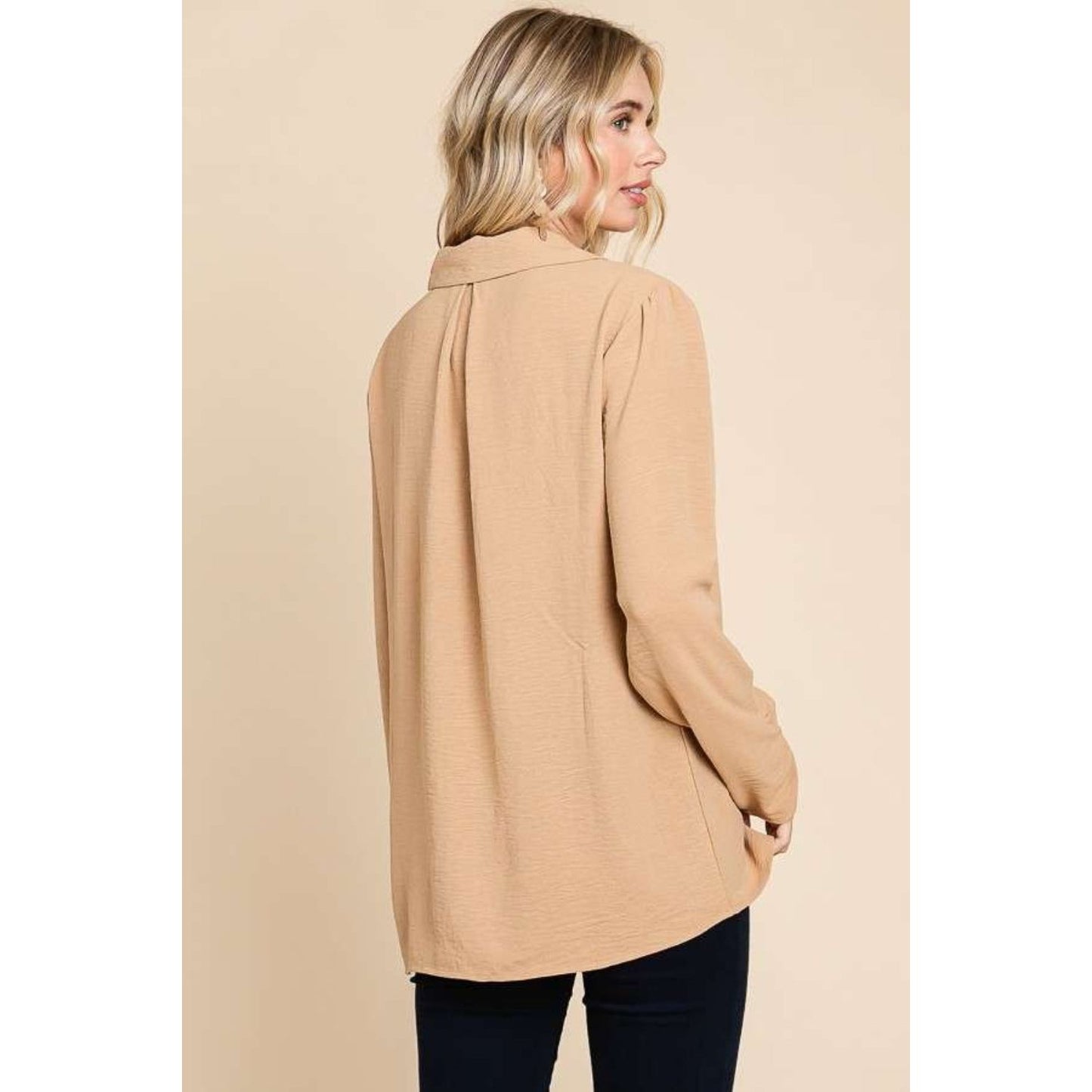 Culture Code Full Size Lapel Collar Ruched Long Sleeve Blouse