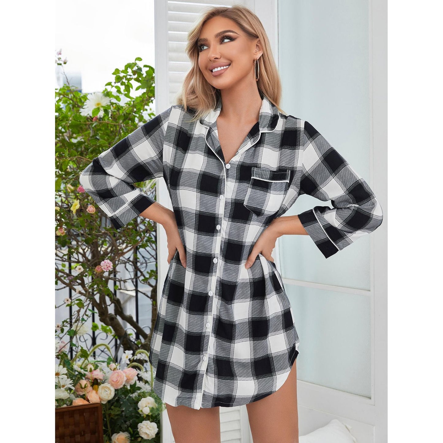 Plaid Lapel Collar Shirt Dress