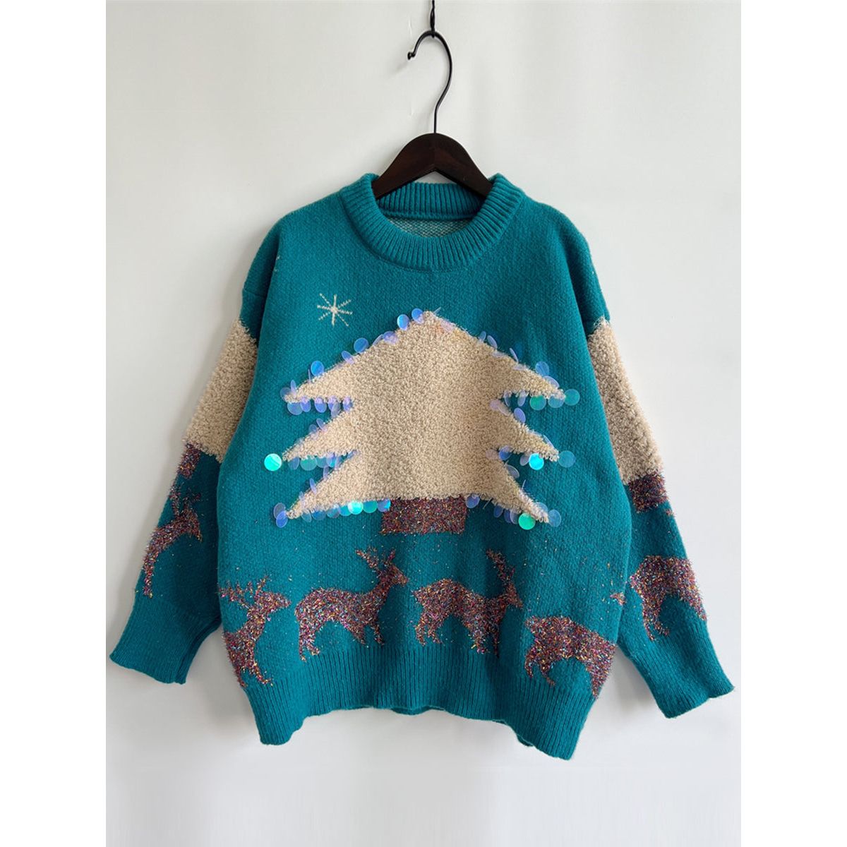 Sequin Christmas Tree & Reindeer Round Neck Sweater