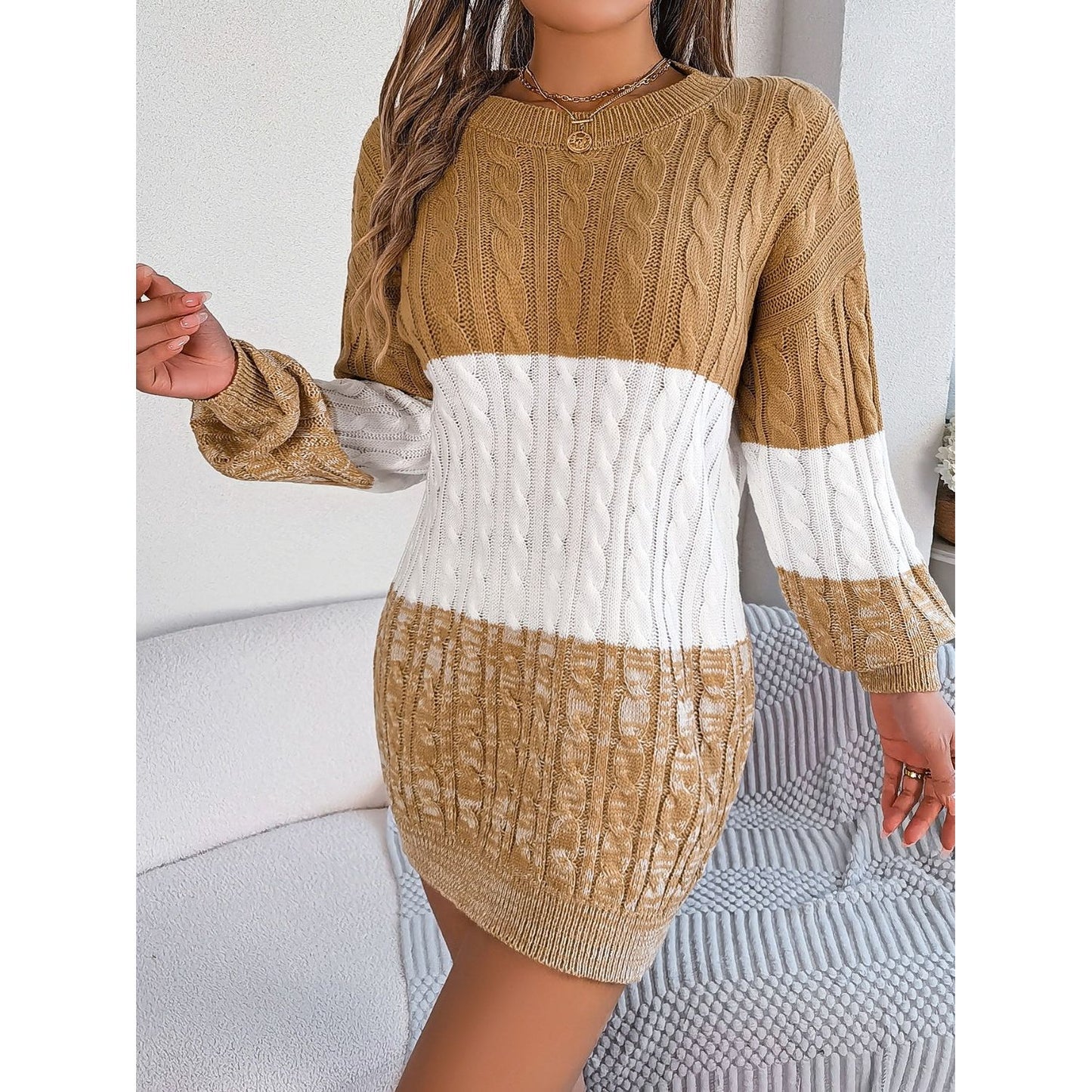 Cable-Knit Round Neck Color Block Sweater Dress