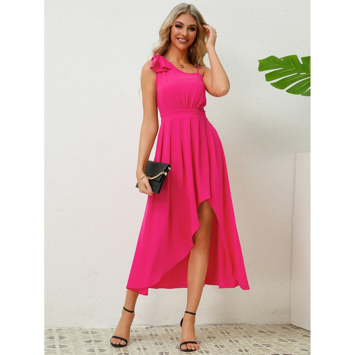 Bow Asymmetrical Neck Sleeveless Dress