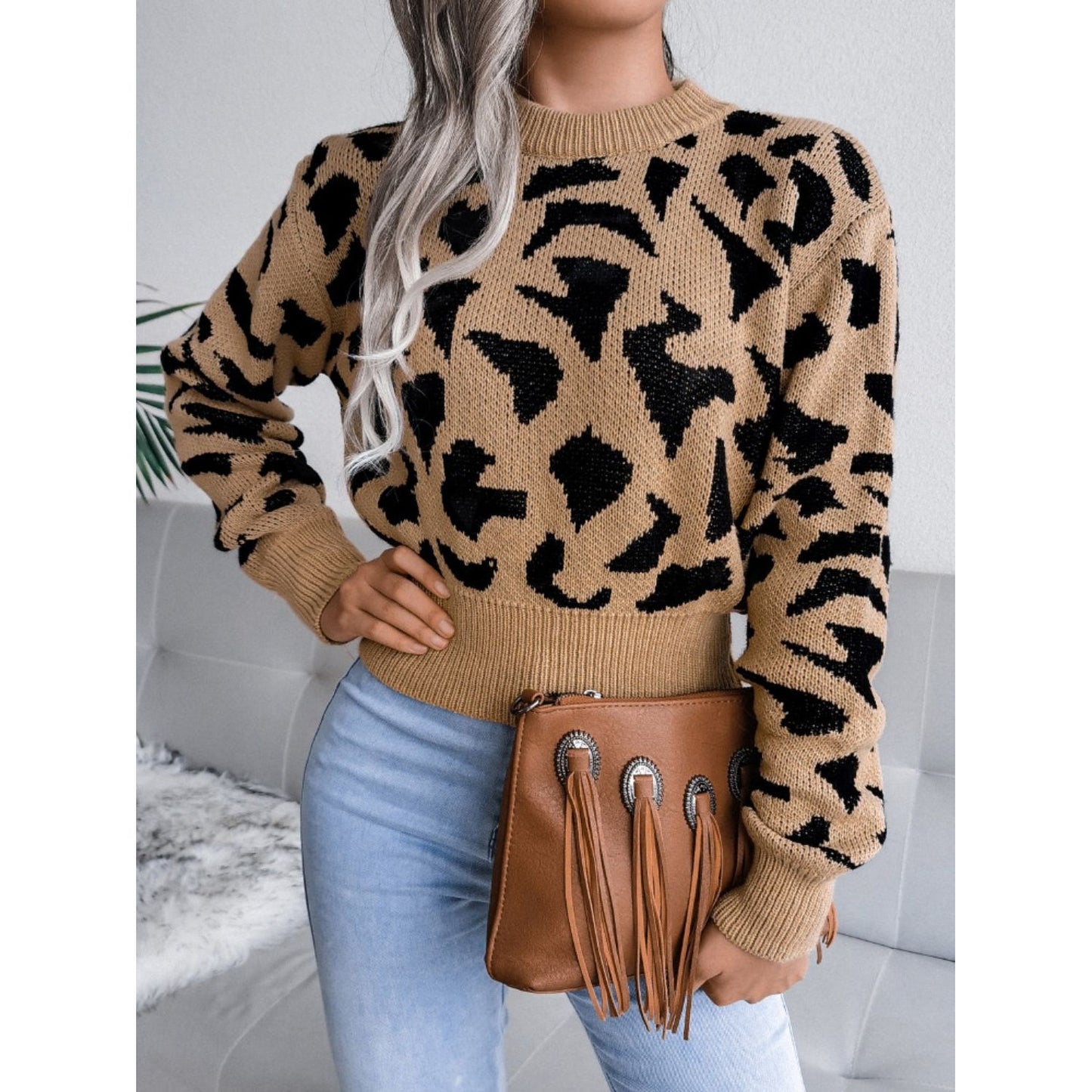 Leopard Round Neck Dropped Shoulder Sweater