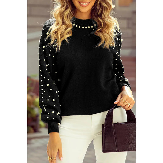 Pearl Detail Mock Neck Long Sleeve Sweater