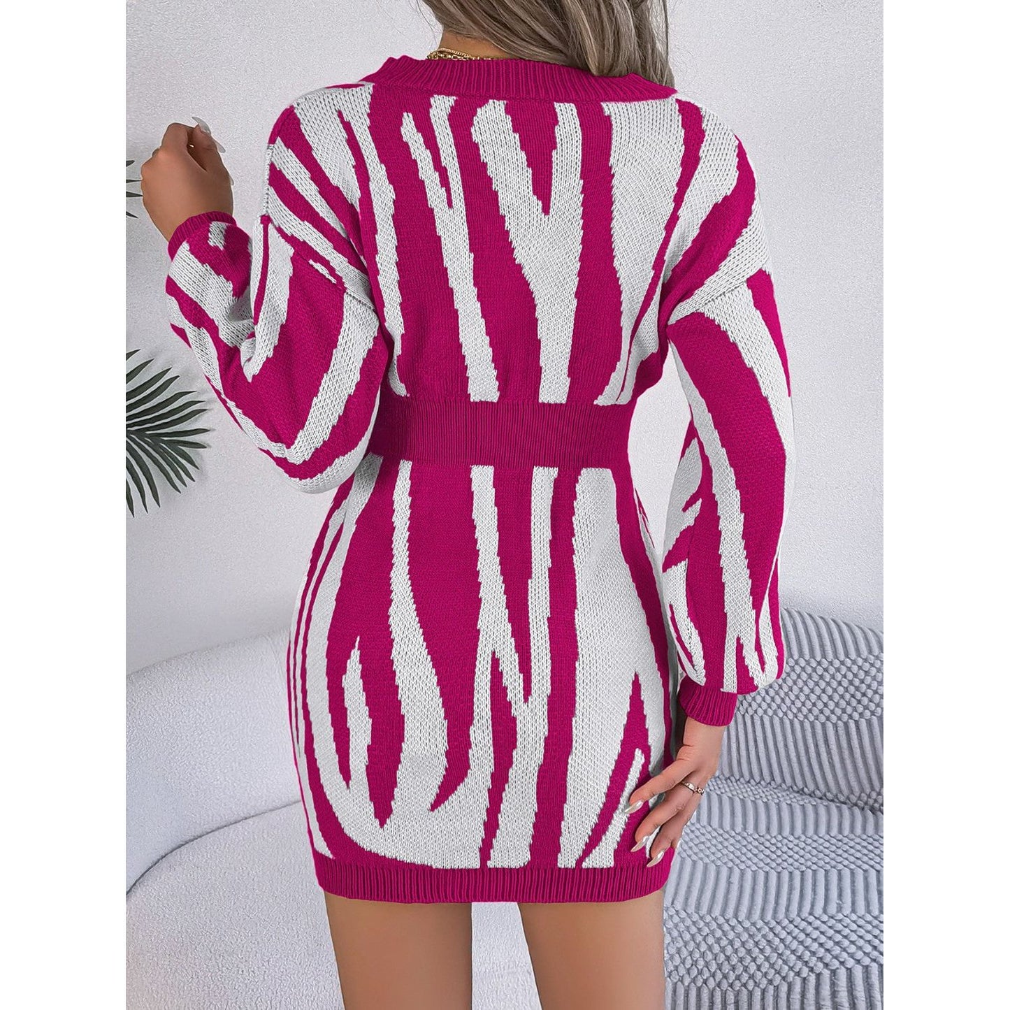 Animal Print V-Neck Long Sleeve Sweater Dress