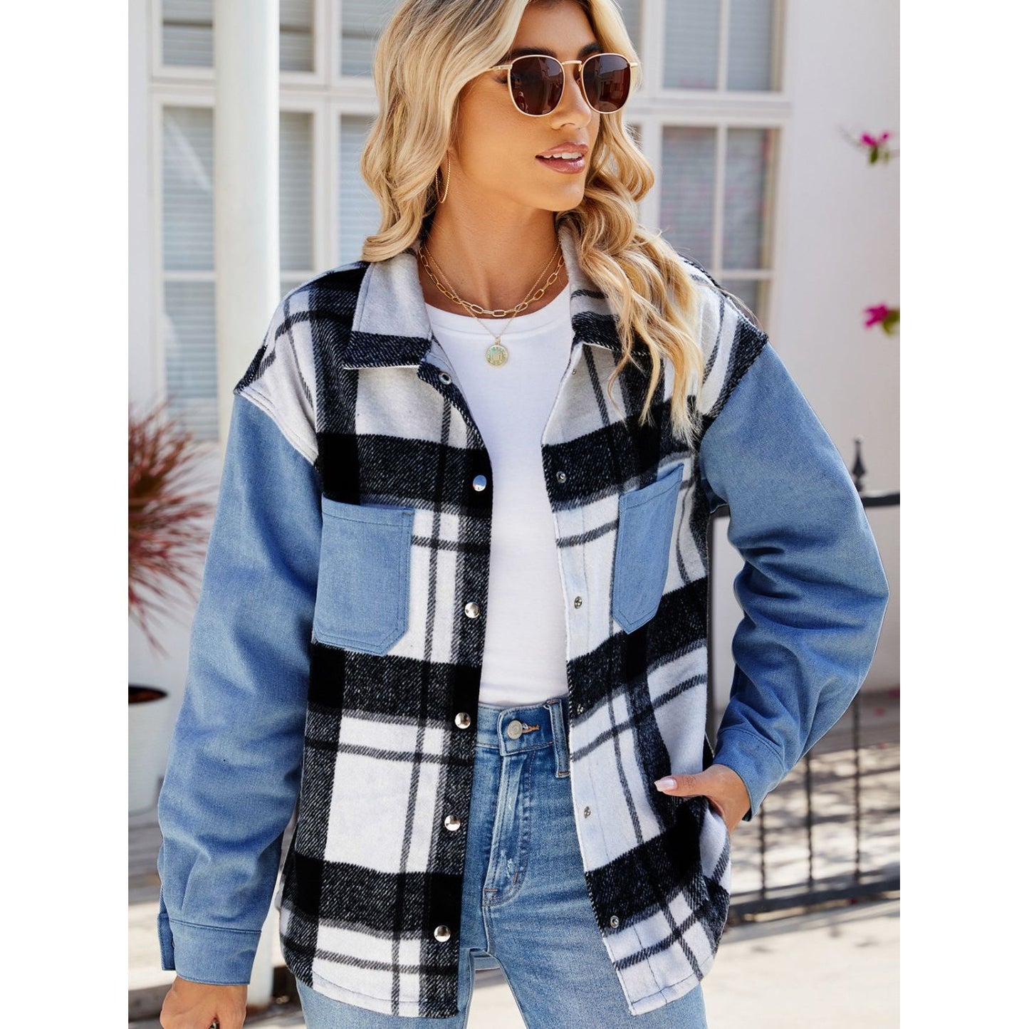 Pocketed Plaid Snap Down Denim Jacket