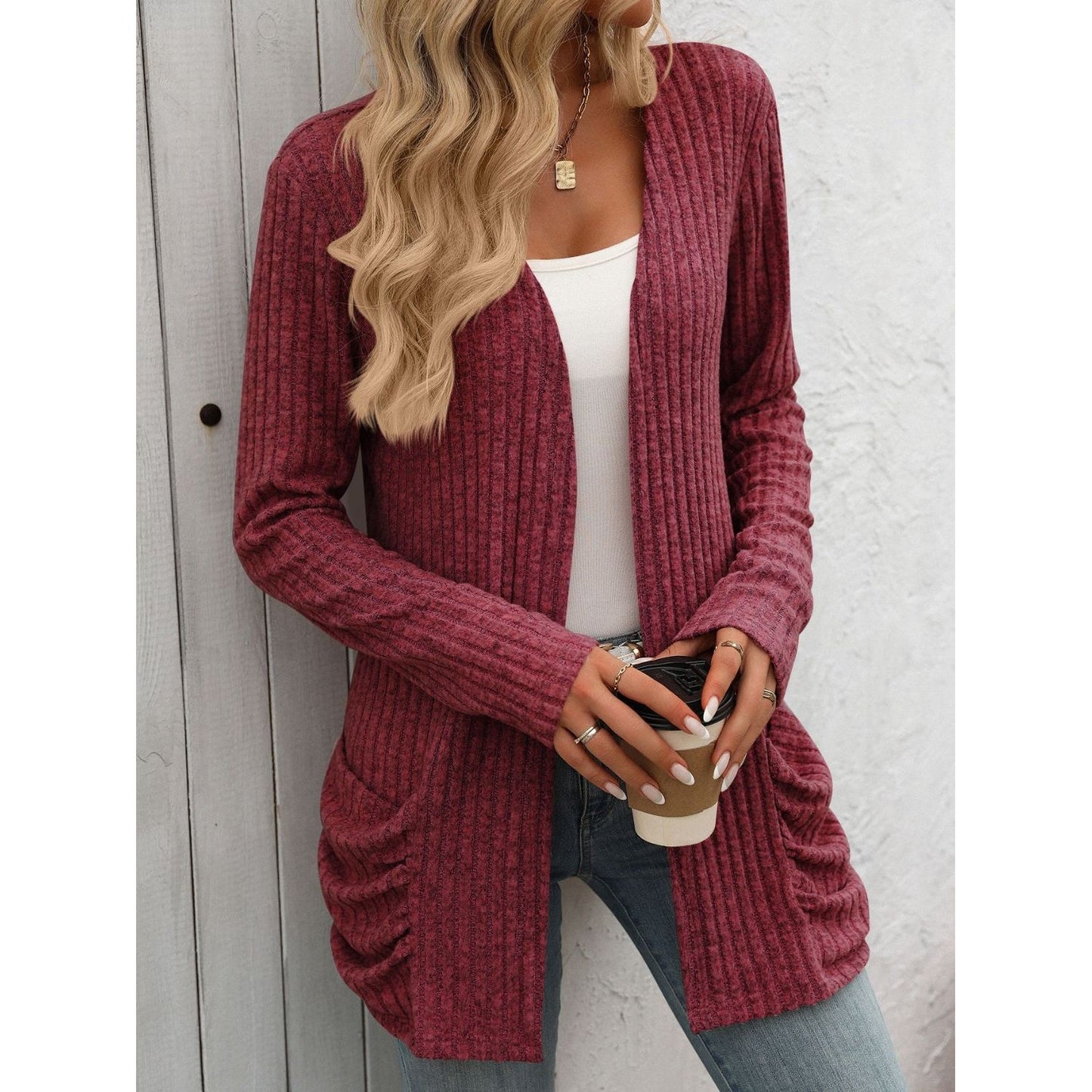 Open Front Long Sleeve Ribbed Cardigan