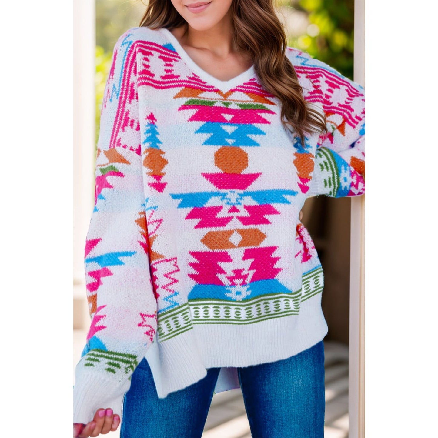 Geometric V-Neck Long Sleeve Sweater