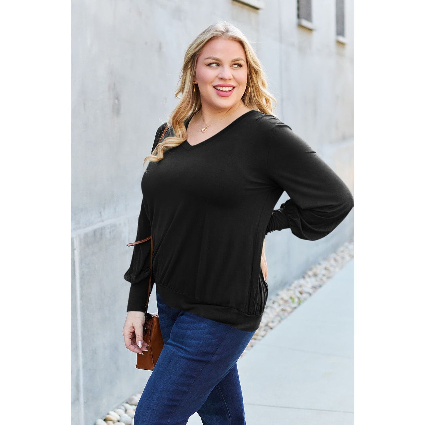 Basic Bae Full Size V-Neck Lantern Sleeve Top