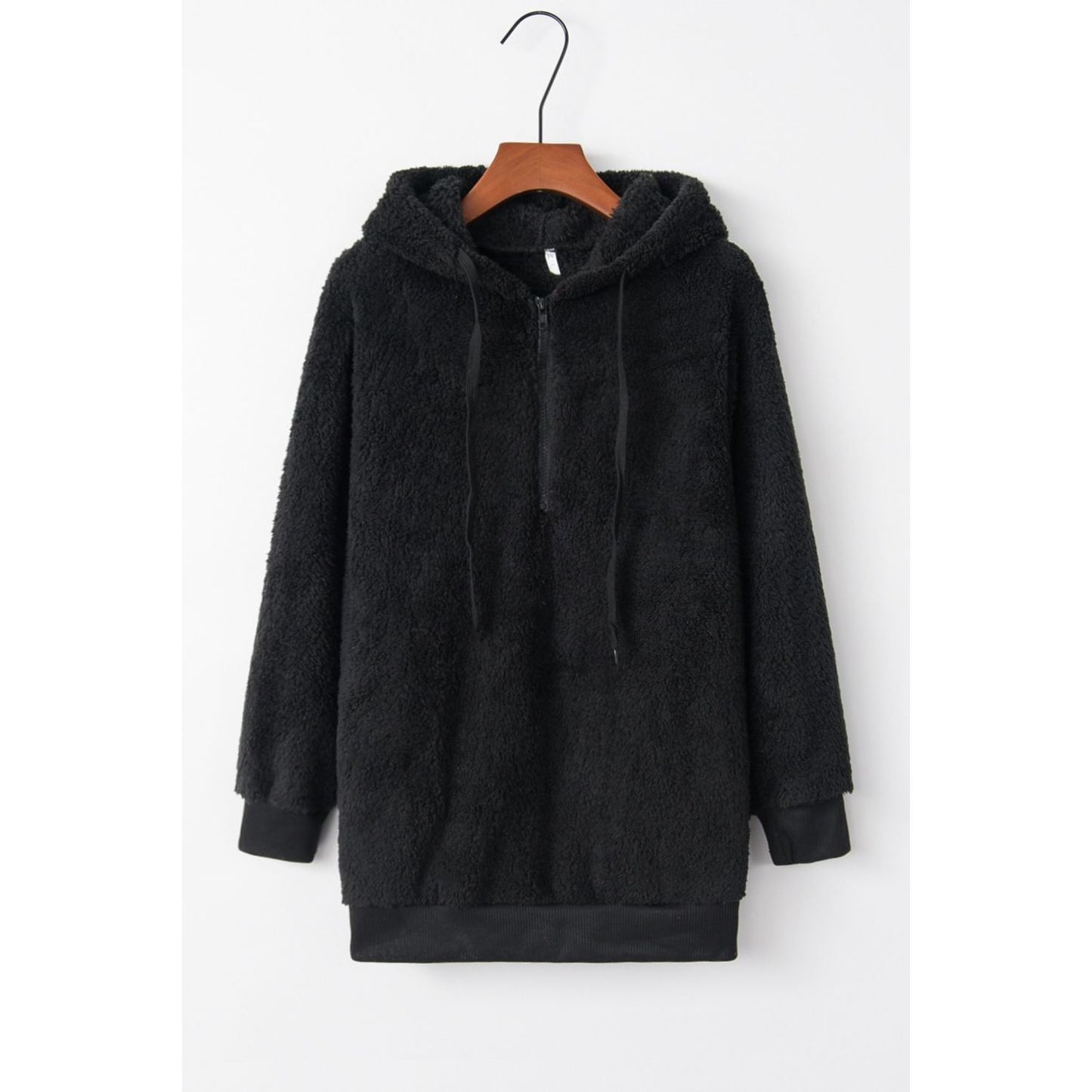 Full Size Quarter-Zip Drawstring Teddy Hoodie