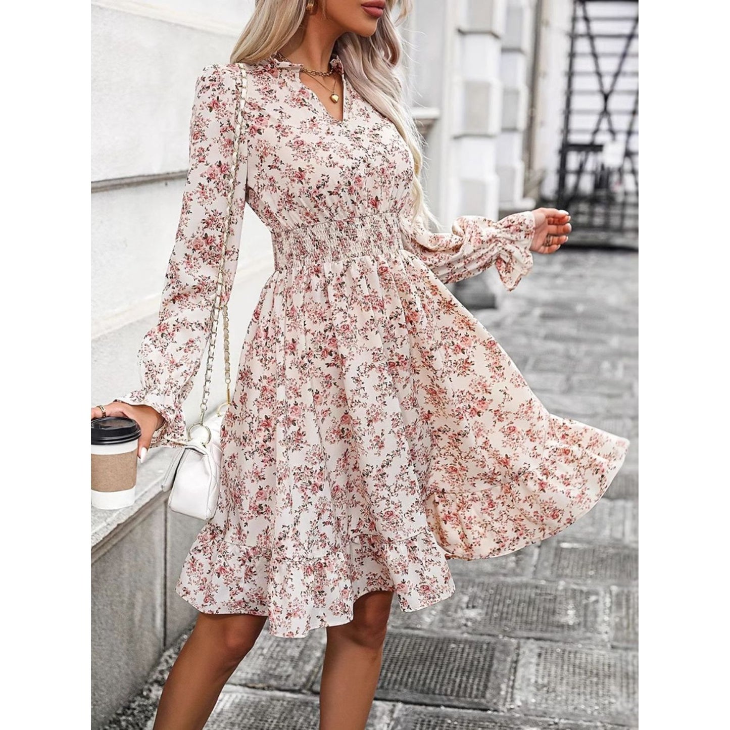 Ruffle Hem Floral Surplice Long Sleeve Dress