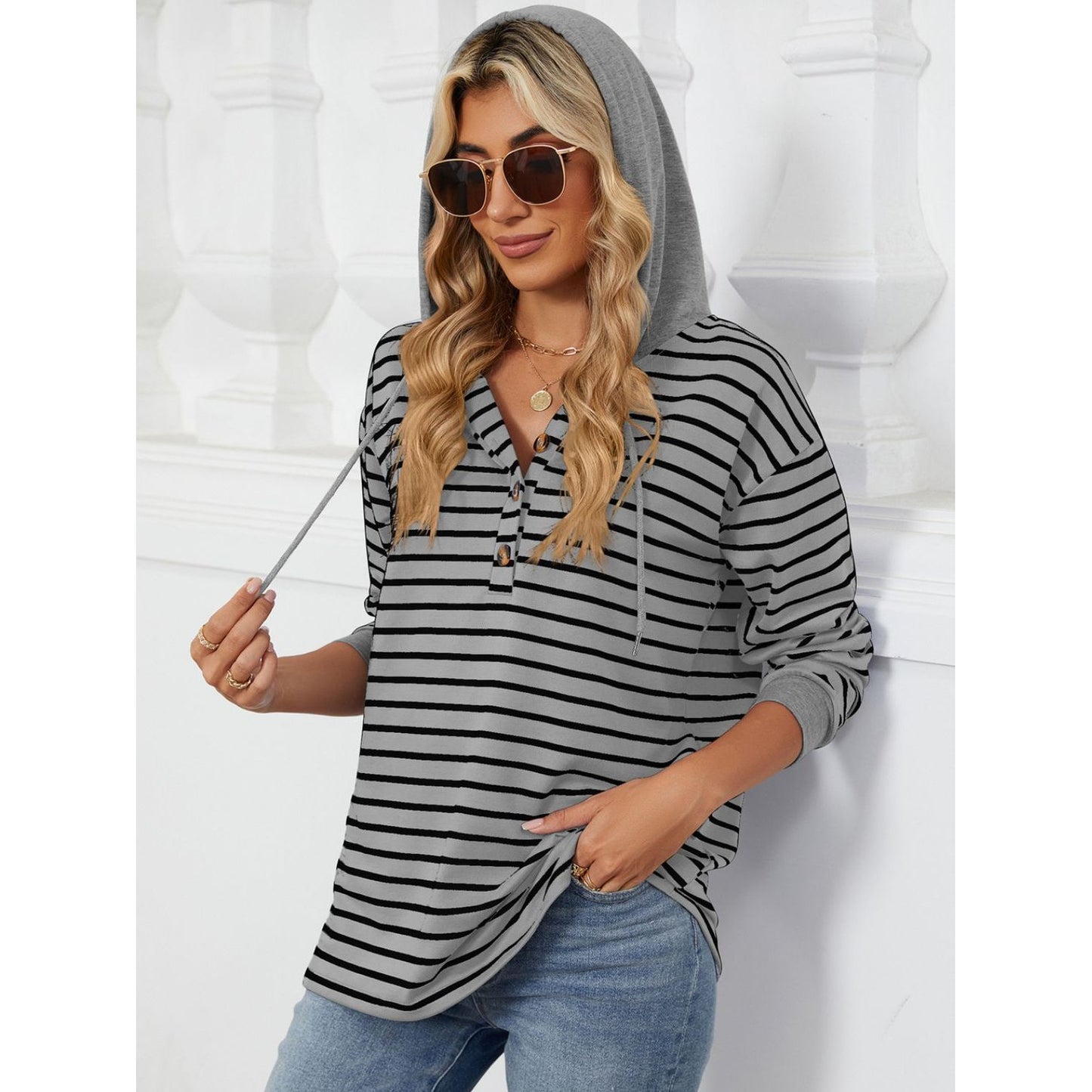 Drawstring Striped Long Sleeve Hoodie