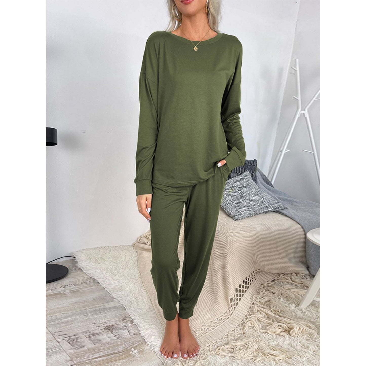 Shiny Round Neck Top and Drawstring Pants Lounge Set