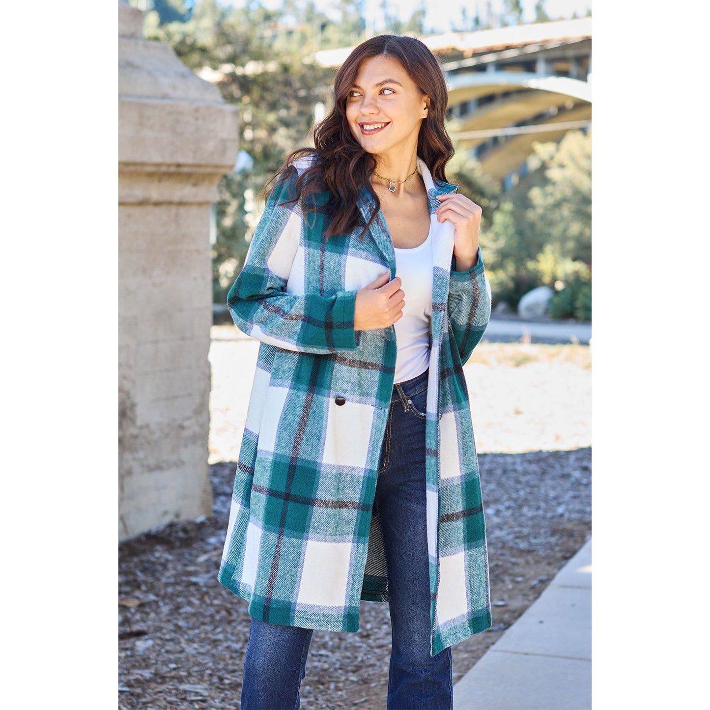 Double Take Full Size Plaid Button Up Lapel Collar Coat