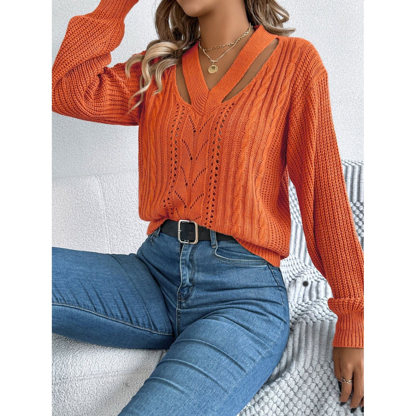 Cutout V-Neck Long Sleeve Sweater