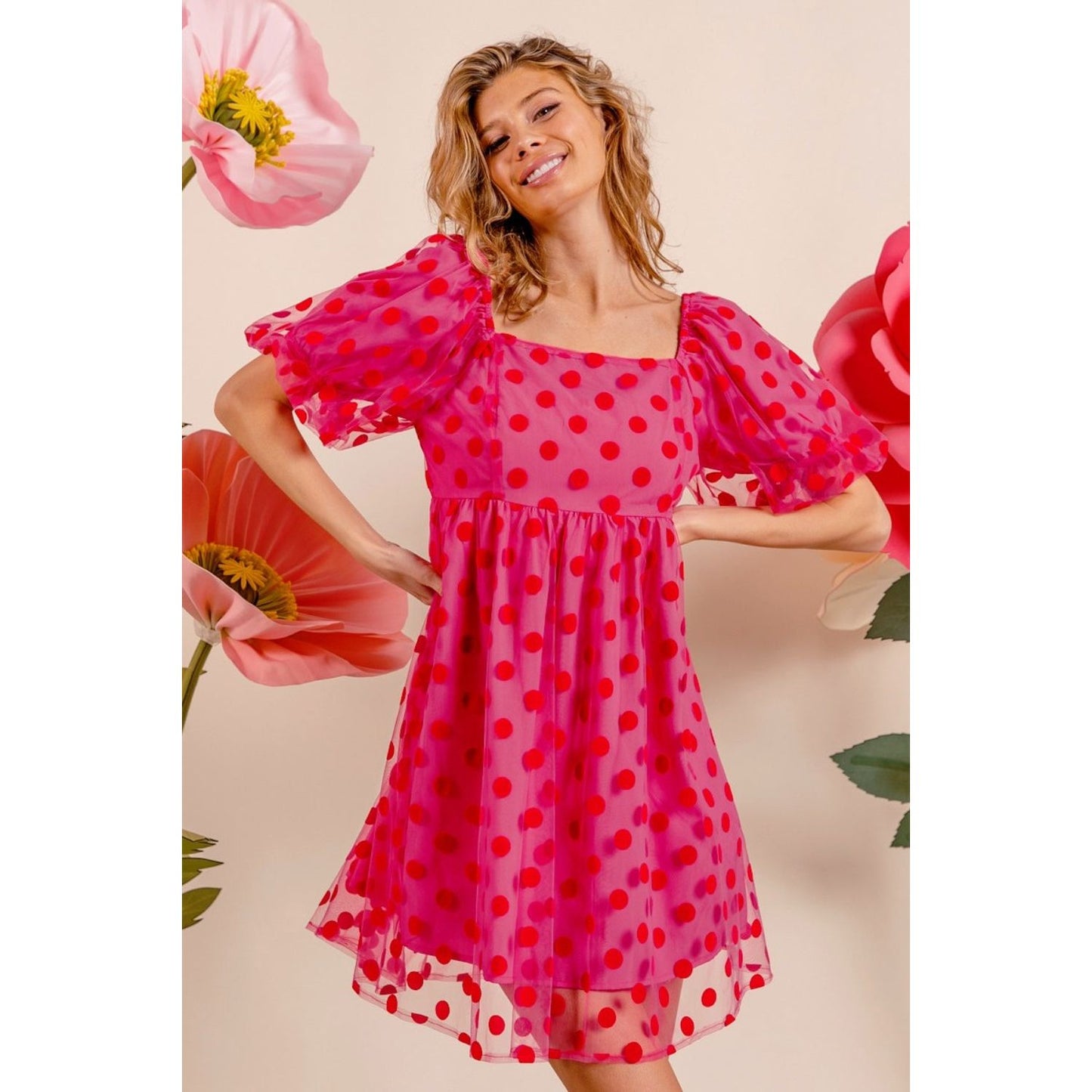 BiBi Polka Dot Mesh Puff Sleeve Dress