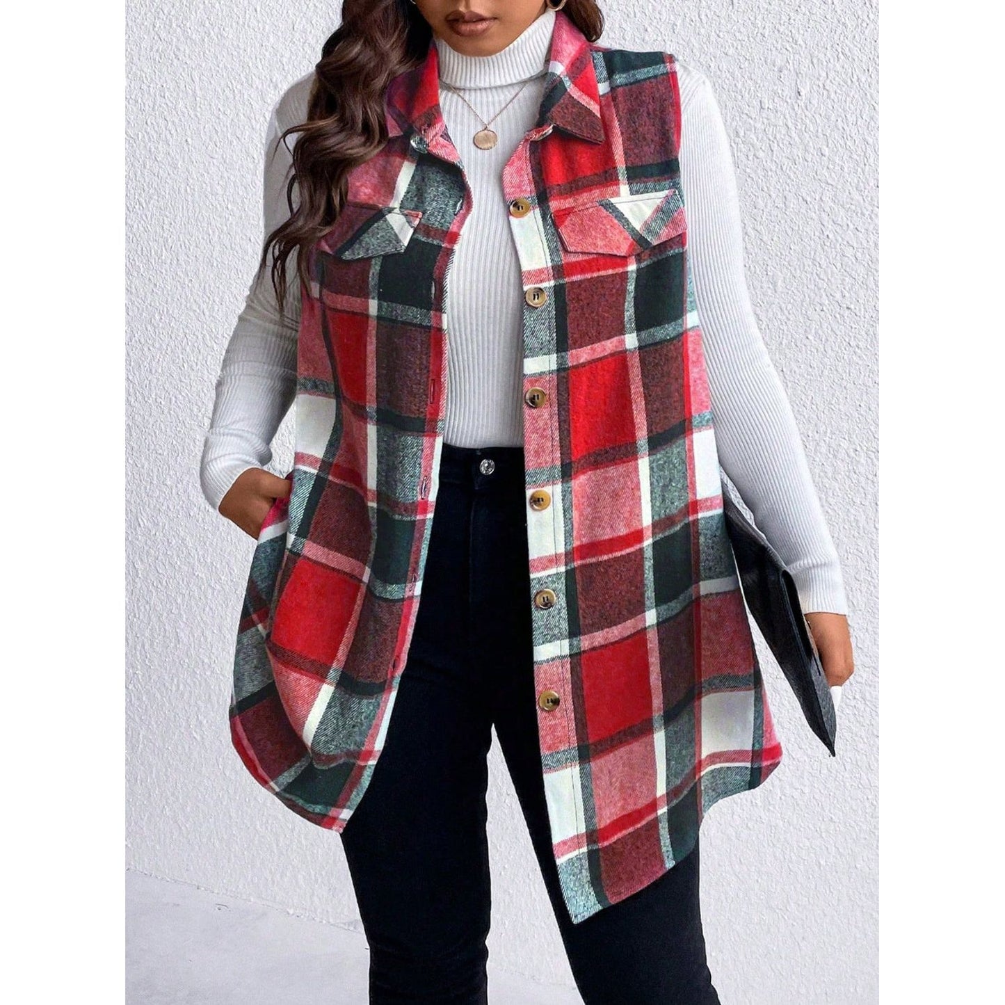 Honey Plus Size Pocketed Plaid Button Up Vest Coat