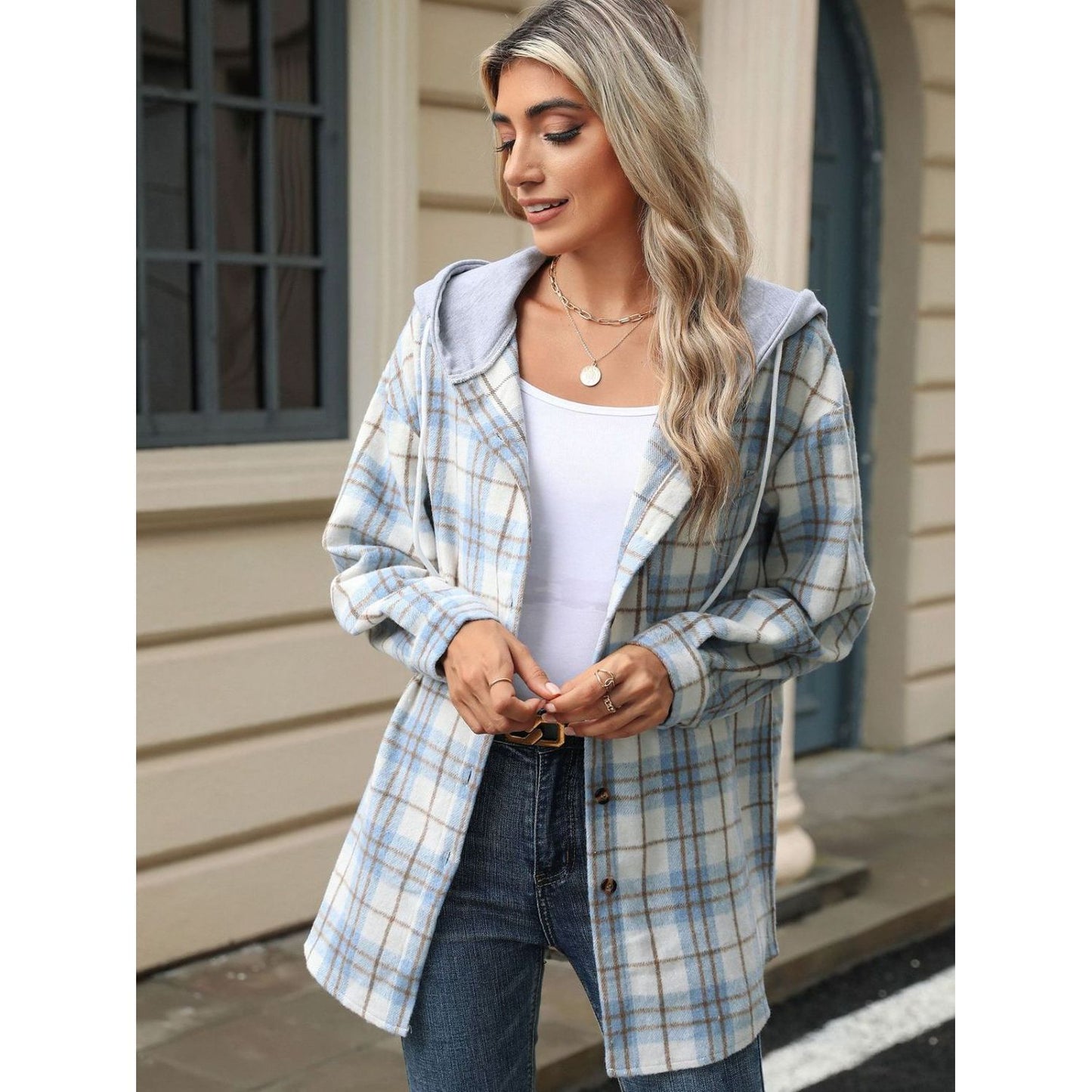 Drawstring Plaid Button Up Hooded Jacket