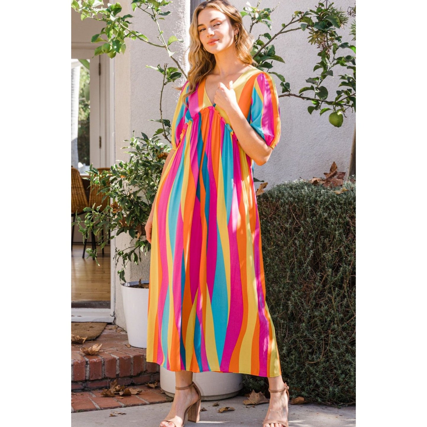 ODDI Full Size Striped Puff Sleeve Wide Leg Jumpsuit