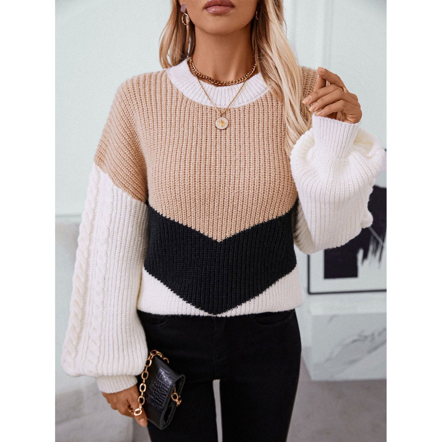 Contrast Round Neck Long Sleeve Sweater