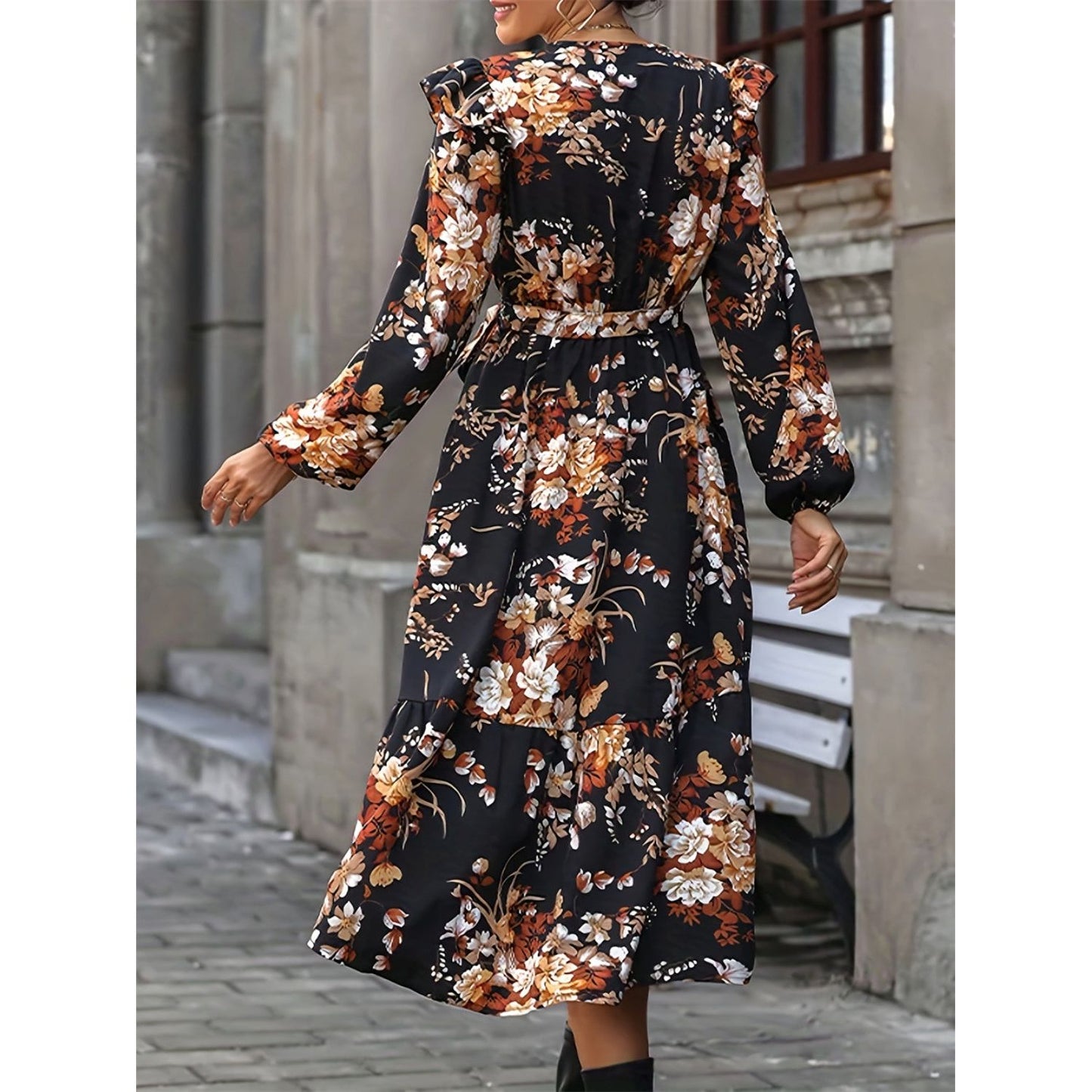 Ruffled Printed Surplice Long Sleeve Midi Dress