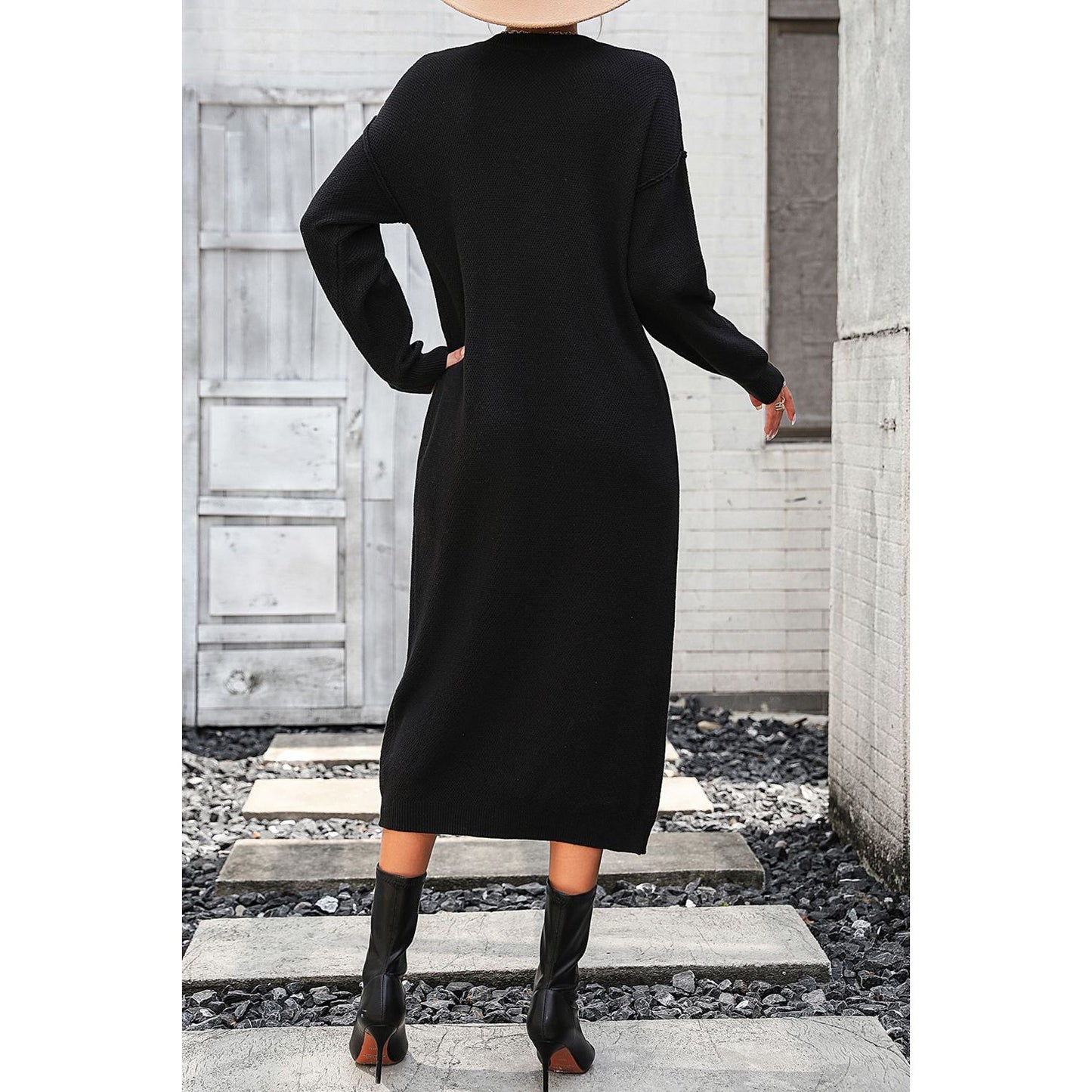 Decorative Button Notched Dropped Shoulder Sweater Dress