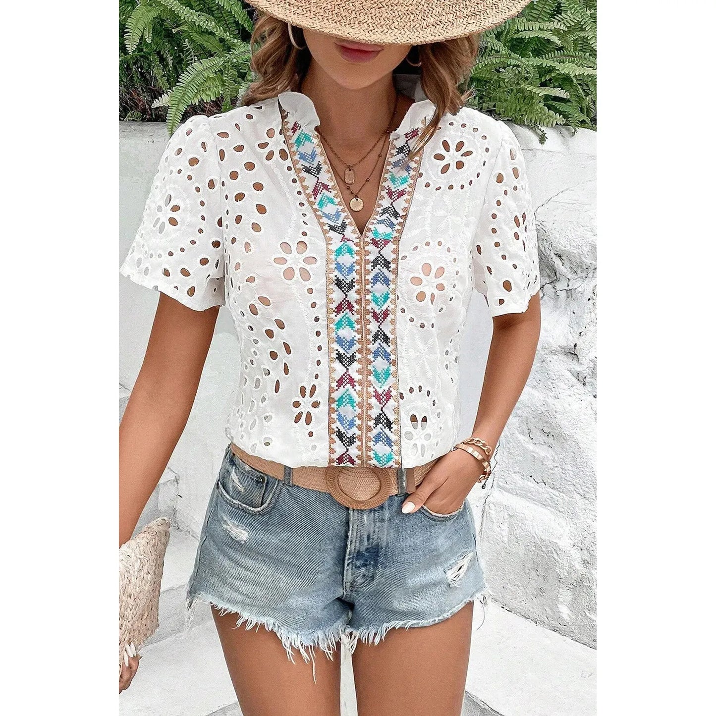 Eyelet Frill Short Sleeve Blouse