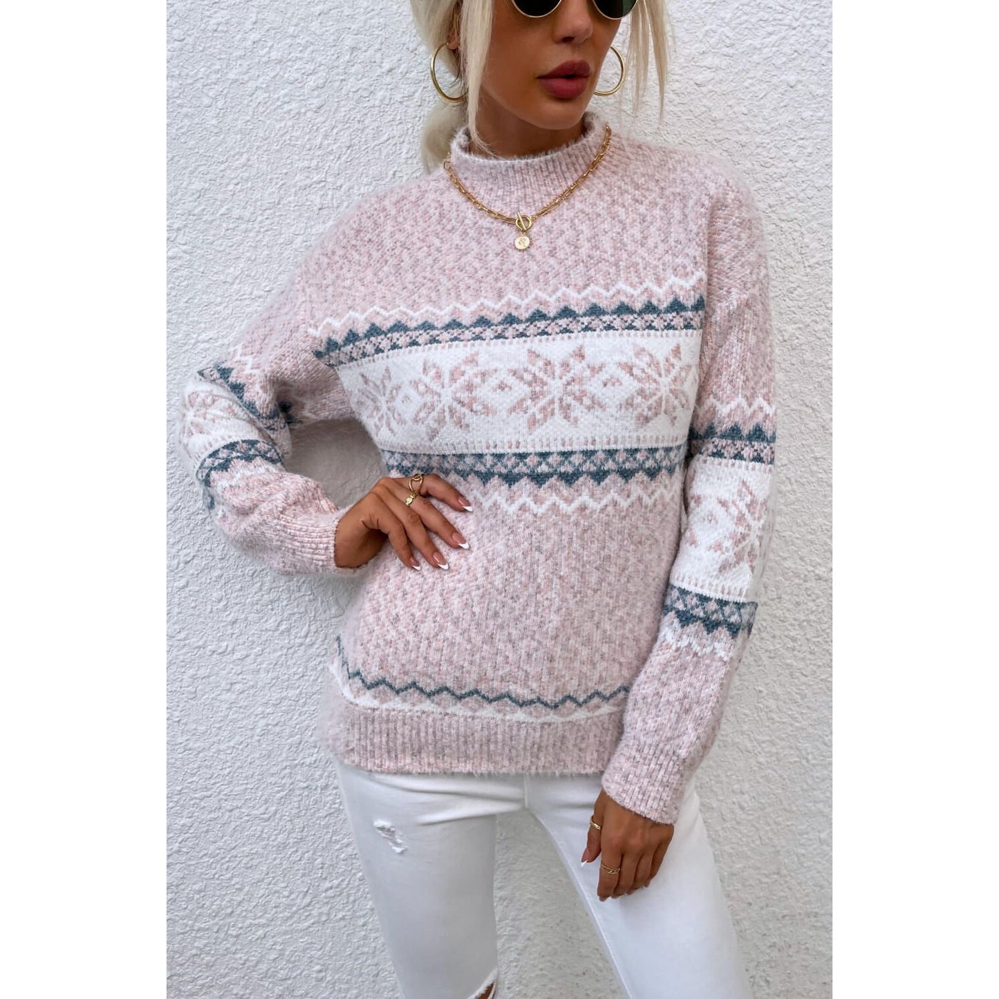 Snowflake Pattern Mock Neck Sweater