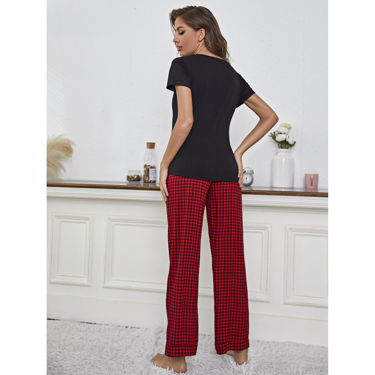 V-Neck Top and Gingham Pants Lounge Set