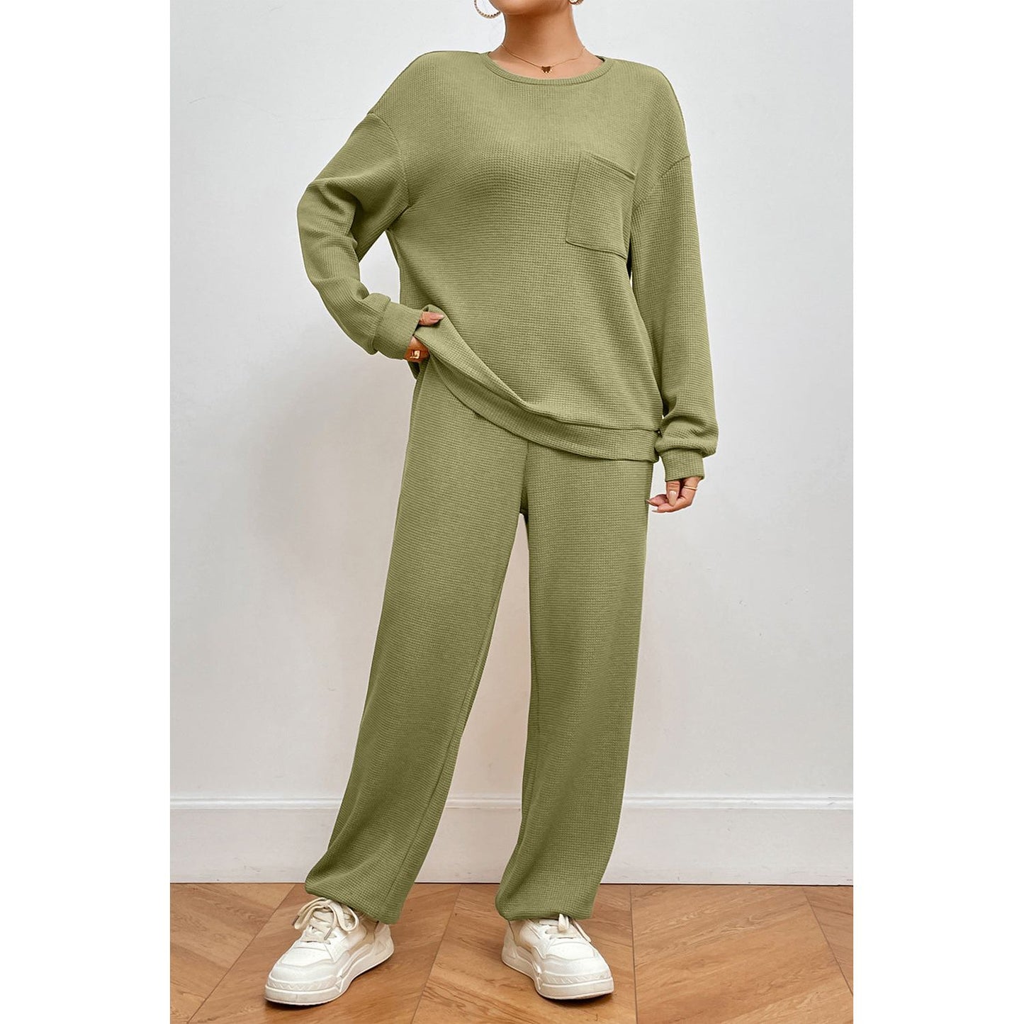 Pocketed Round Neck Top and Pants Lounge Set