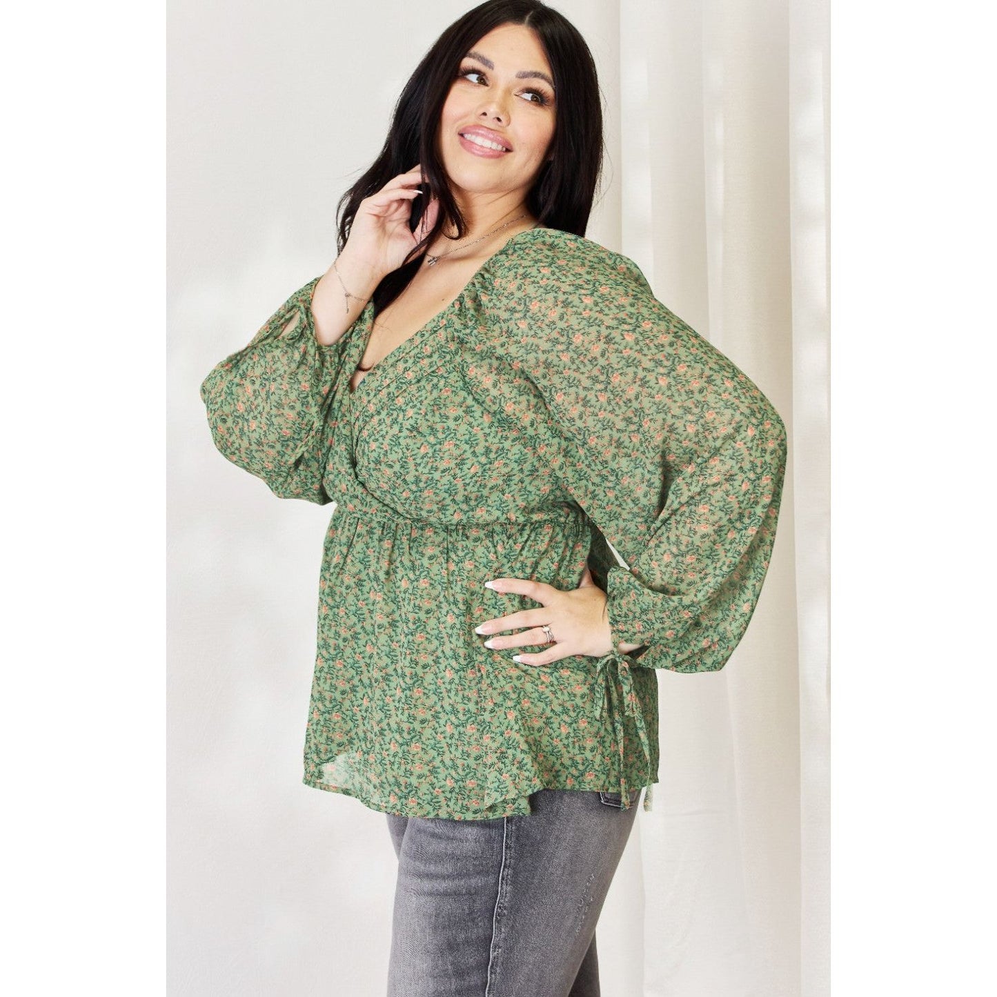 HEYSON Full Size Floral Surplice Peplum Blouse