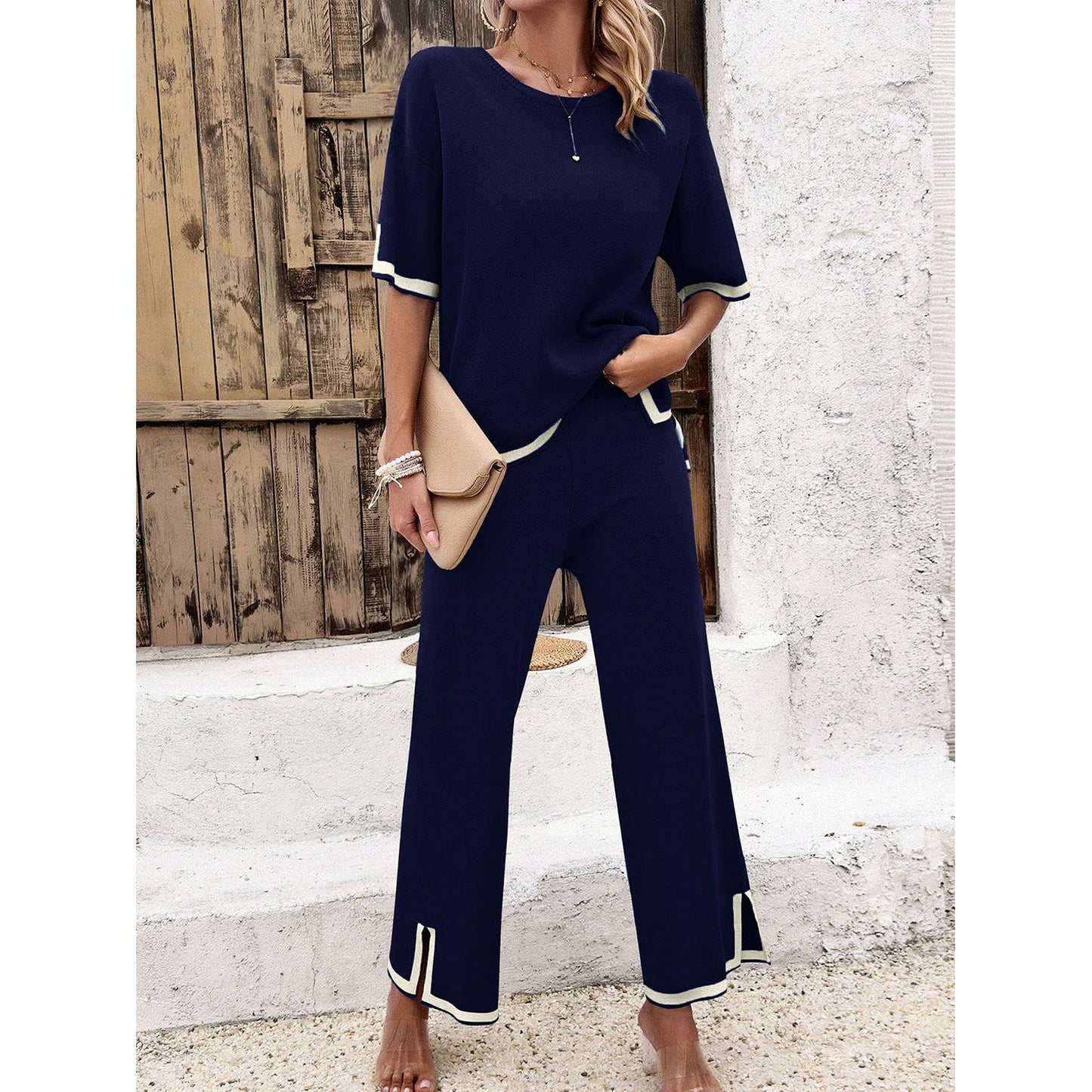 Contrast Trim Round Neck Top and Pants Set