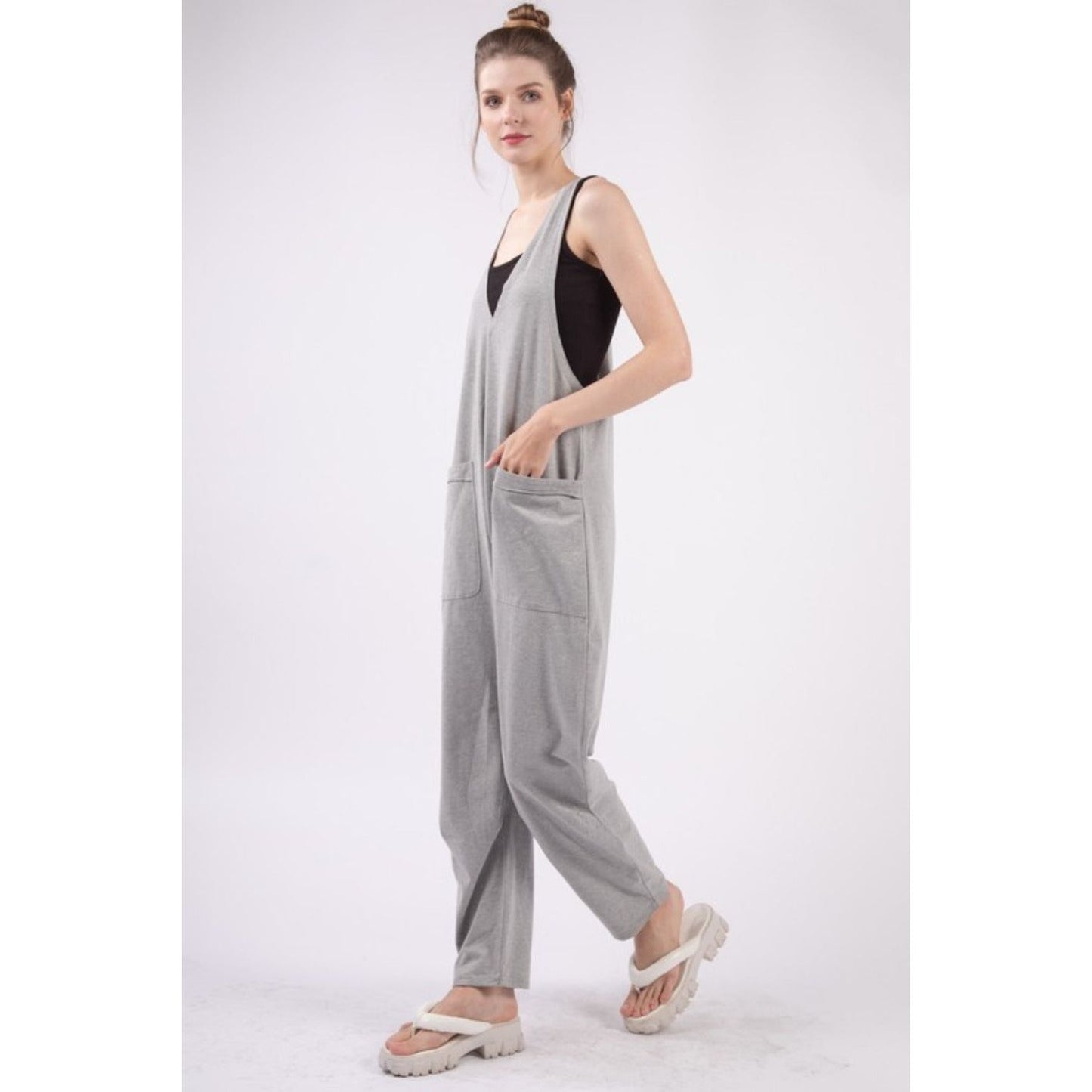 VERY J  Plunge Sleeveless Jumpsuit with Pockets