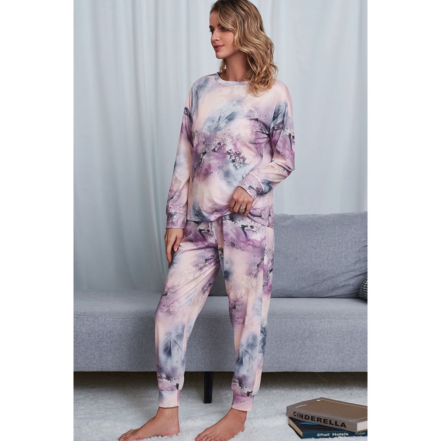 Shiny Tie-Dye Crewneck Top and Drawstring Waist Joggers Lounge Set